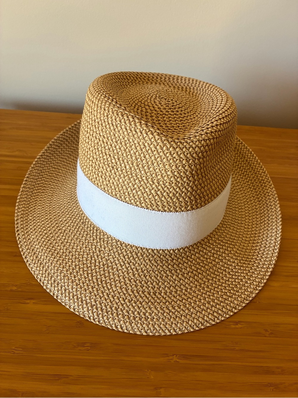 Eric Javits Straw Fedora with White Band - Natural Tan